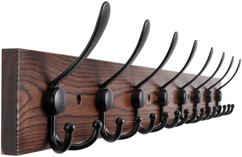 Kuhome 32.2'' Large Coat Rack Wall Mount Coat Hooks Coat Hanger with 8 Metal Black Triple- Hooks Brown Pine Real Wood Plank Hat Rack for Wall Hooks for Hanging Coat Hat Jacket by Kuhome