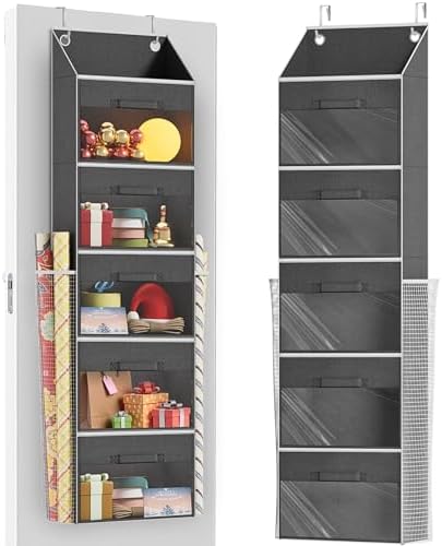 Over Door Wrapping Paper Organizer Storage with 5 Removable Drawers & 2 Large Side Pockets for Gift Wrap Rolls Wrap Storage for Ribbons, Bows, Ornaments and Tools by Ofiray-home