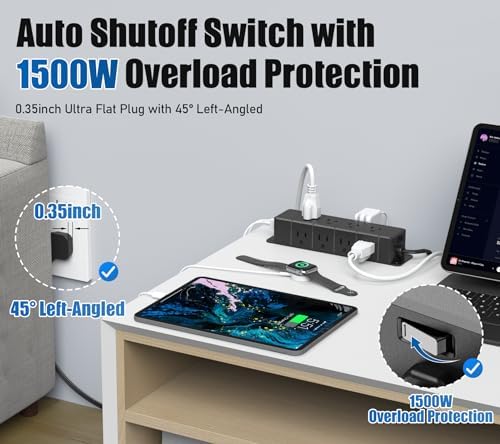 45W Under Desk Power Strip with Switch 12 Outlet 4 USB 1200J 6FT Black - Image 5