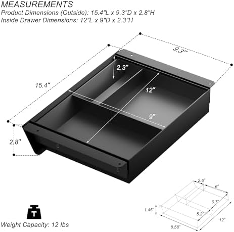 Under Desk Drawer with Removable Tray, 15.4" Wide 2-in-1 Organizer – 60° Ergonomic Tilt, 4-Compartment Insert for Pens, Phones & Cables, Ball Bearing Slides, for Home Office & Student Desk - Image 2