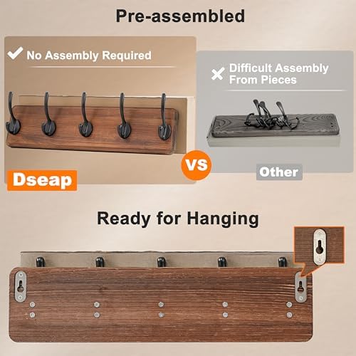 Dseap Wall Mounted Coat Rack: Patented, Heavy-Duty, 17.4" Long 5-Double-Hooks Wooden Hanger Rail for Winter Coats, Hat, Jacket, Clothing - Natural & Black - Image 3