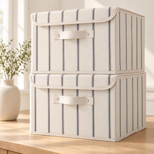 Decorative Linen Storage Boxes with Lids - Spacious Set of 2 Organizer Bins by ZICOTO