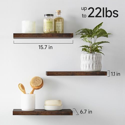 BAYKA Rustic Brown Bathroom Floating Shelves, 15.7in, 3Pk, Wall Mount Shelf - Image 2