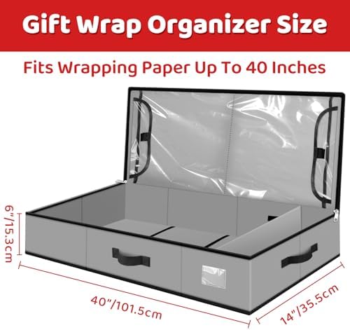 Fabspace Christmas Wrapping Paper Storage Containers, 40 Inch Gift Wrap Organizer, Visible Supplies Pockets for Xmas Accessories, Underbed Storage for Christmas Decorations, Grey - Image 2