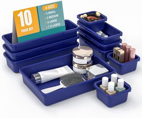 StoreHappily 10 PCS Drawer Organizer Set, 4 Size Makeup Drawer Divider Organizer With Non-Slip Pads, Interlocking Plastic Storage Bins for Office,Jewelry Vanity,Gadgets, Bathroom,Kitchen, Navy by StoreHappily