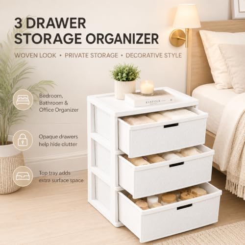 Wide 3-Drawer Plastic Storage Tower with Cross-Weave Removable Bins - Image 3
