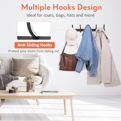 Optish Coat Rack Wall Mount, Coat Hook Wall Mount, Wall Hooks for Hanging, Hat Rack for Walls, Coats Hanger with 10 Hook, Towel Hooks for Bathrooms (1 Pack, Black) - Image 2