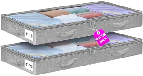 punemi 4 inch High Soft Low Profile Under Bed Storage Bins, 2 Pack, Grey by Punemi