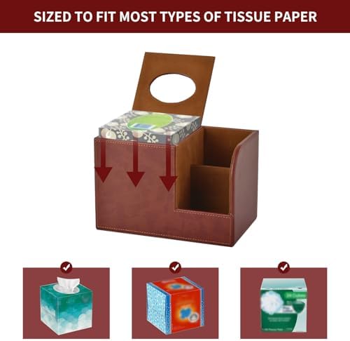PU Leather Square Tissue Box Cover,Multifunctional Tissue Box Holder,Tissue Box with Storage,Tissue and Remote Control Holder,Tissue Box Decorative Desk Organizer for Home&Office,Brown - Image 5