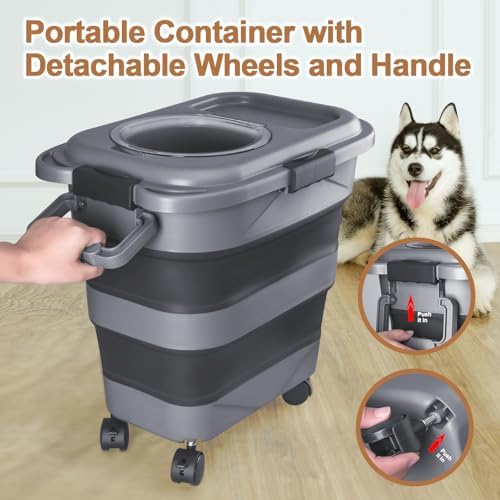 Dog Food Storage Container，2 Pack 25 lbs Airtight Collapsible Cat Food Storage Container with Attachable Wheels, Portable Handle, Dog Food Scoop for Dog Cat Bird Pet Dry Food Storage Bin Large - Image 3