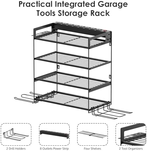CCCEI Garage Tools Storage with Charging Station. Power Tool Battery Organizer Utility Shelf with Power Strip. 4 Drills Holder Wall Mount Rack, Black 4 Layer. - Image 4