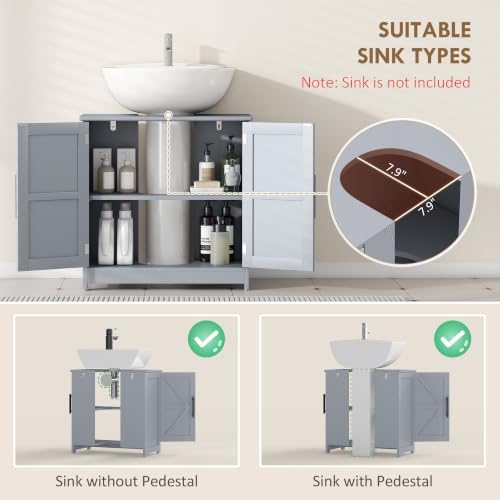 HOMCOM Pedestal Sink Storage Cabinet, 2 Barn Doors, Dark Gray - Image 4