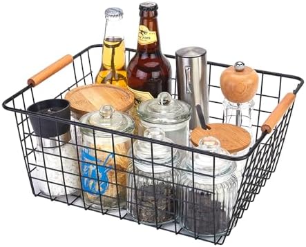 LeleCAT Large black wire basket for Organizing with Wooden Handles,pantry refrigerator organizers and storage,Snack Storage Baskets for Cabinets, Closets, Bedrooms, kitchen -2pack（Black） - Image 4