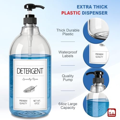 GMISUN Plastic Laundry Detergent Dispenser, 2 Pack Liquid Laundry Soap Dispenser, 64oz Storage Container for Farmhouse Laundry Room Decor, Liquid Bottle Organizer for Detergent/Softener/Bleach - Image 6