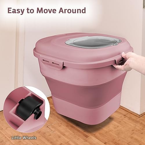 Komzon Rice Storage Bin Cereal Containers, 13-50lb Collapsible Rice Container Dispenser with Transparent Lid, Rolling Wheels, Measuring Cup and Scoop, Airtight Dog Cat Pet Food Storage Container Pink - Image 3