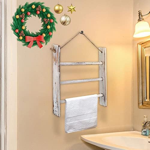 Rustic Wood Ladder Hand Towel Rack for Bathroom, Farmhouse Blanket Ladder for Living Room Hanging Decorative Rack for Blankets Whitewashed Towel Rack with Rope (Whitewashed) - Image 2