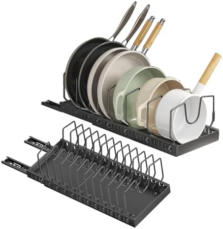 pots and pans organizer under cabinet,pot lid organizers inside cabinet holders for kitchen,Horizontal and vertical pulling modes,cast iron storage ((2pcs) Black vertical) by Unknown