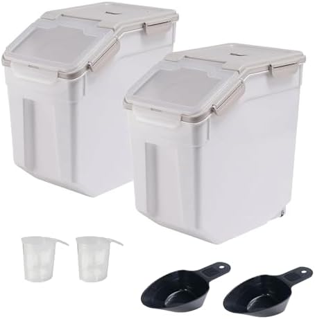 2 Pack Rice Storage Container with Measuring Cup 50 lb Flour Storage Container with Wheels, BPA Free Food Storage Container Dog Cat Food Bin Set for Dry Food Sugar, Cereal(Gray) by Qiveno