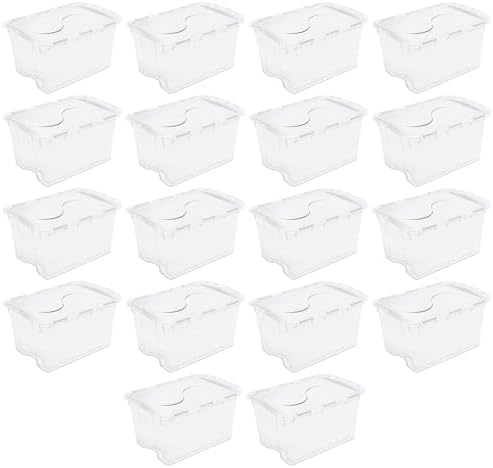 Sterilite Hinged Lid Storage Box, Clear Plastic, White, 48 Qt, 18-Pack by Sterilite