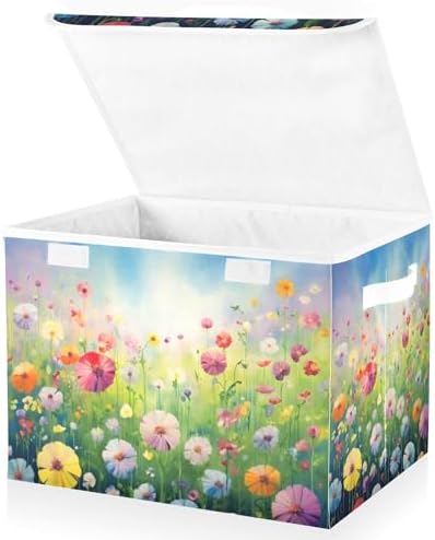 Colorful Flowers Storage Bins with Lids and Carrying Handle,Foldable Storage Boxes Organizer Containers Baskets Cube with Cover for Home Bedroom Closet Office - Image 2
