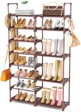 ROJASOP Shoe Rack Organizer, 8-Tier Metal Shoe Rack for Closet Entryway Garage, 26-32 Pairs Tall Shoe Boot Storage Shelf with 15 Hooks, Stackable Large Shoe Stand, Brown - Image 7