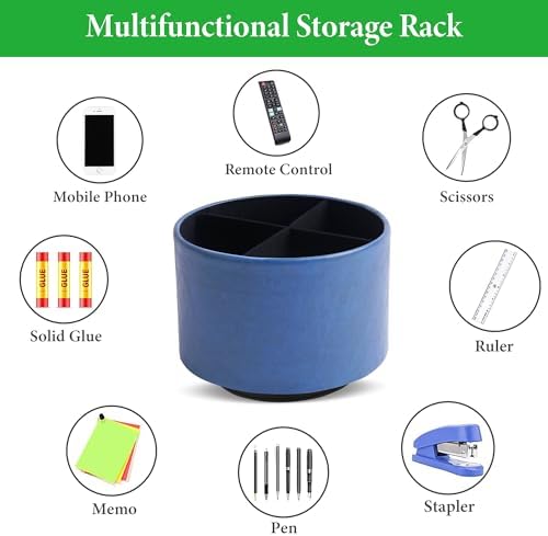 Round Leather Art Supply Organizer,Remote Control Holder,360 Degree Spinning,Multi-Functional Pencil Holder,4 Compartments Desktop Stationary Organizer(1-Oil Blue2) - Image 5