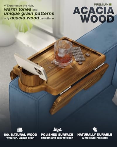 BLUEWEST Couch Armrest Table, Sofa Arm Tray with 360° Rotating Cup Holder - Image 3