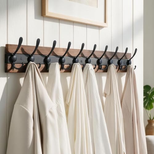 SKOLOO Rustic Wall Mounted Coat Rack - 38.6" Long Coat Hooks for Wall with 10 Triple Hooks for Hanging Coats, Hats or Tools - Kitchen, Mudroom, Entryway, Bathroom, Wood Brown & Black - Image 3