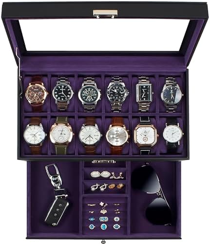 GUKA Watch Box, 12 Slot Watch Case, Watch Cases for men with Real Glass Lid, Synthetic Leather Watch Organizer storage with Jewelry Case, Birthday for Men and Women, Blue Purple by GUKA