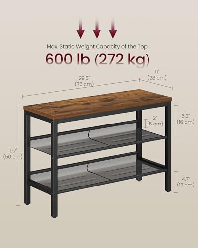 VASAGLE 3 Tier Shoe Rack Bench, One Piece Shelves, Shoe Storage Organizer with Raised Edges, Industrial Style, Easy Assembly, 11 x 29.5 x 19.7 Inches, Rustic Brown and Matte Black ULSB070KD01S - Image 2