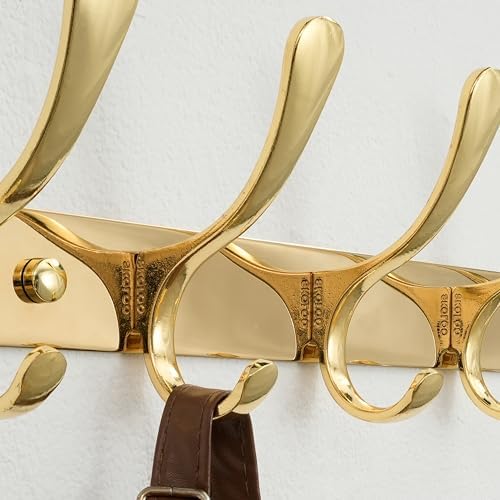 SKOLOO Coat Rack Wall Mounted - 10 Hooks, Pack of 2, Heavy Duty, Stainless Steel, Metal Wall Hangers, Sturdy Coat Hooks for Hanging Coats, Jacket, Clothes, Hat, Bright Gold - Image 4