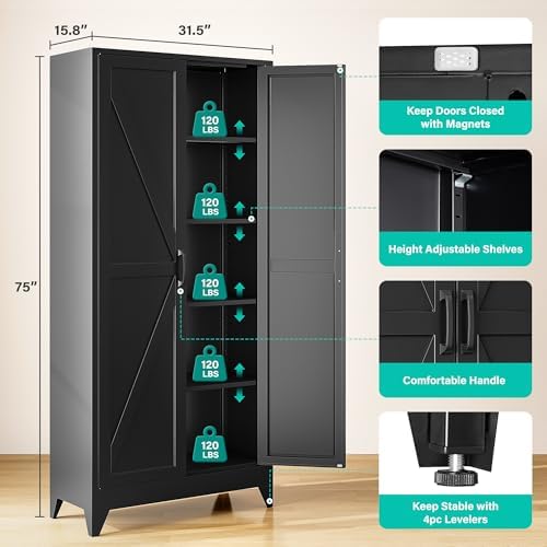 SISESOL 75" Tall Pantry Cabinet,Farmhouse Kitchen Pantry Storage Cabinets with 2 Doors and 4 Shelves,Black Metal Storage Cabinet,Large Cupboard for Home,Kitchen,Dining/Living Room - Image 3
