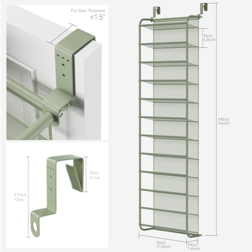 Whitmor 36 Pair Over the Door Shoe Rack,12 Tier Hanging Shoe Organizer with Metal Frame & Mesh shelves, Heavy Duty Shoe Storage Holder for Door,No Drill Installation, 74" H x 21.7" W x 7.5" D, Green - Image 2