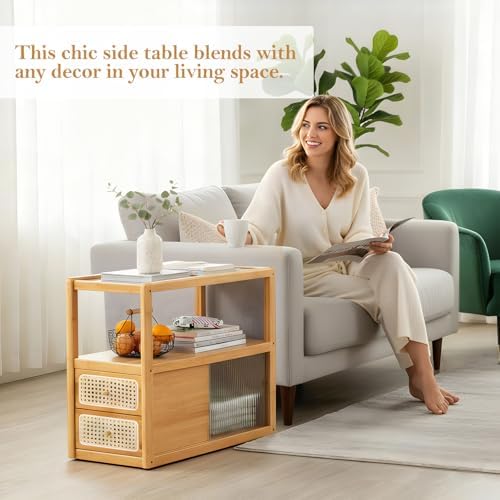 Tiita Rattan Nightstand, Bamboo End Table with Glass Top & Storage, Wood - Image 3