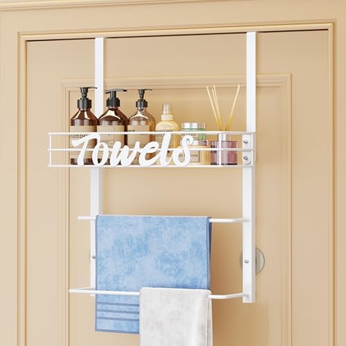 SWTYMIKI Over the Door Towel Racks for Bathroom - 3-Tier Wall Mounted Bathroom Towel Storage Organizer Holder with Metal Shelf, White - Image 2