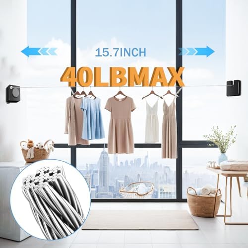 Retractable Clothesline Indoor, Non-Sagging Outdoor Clothes Line Retracting 16.7 Feet Heavy Duty Laundry Line Retractable Wall Mounted Clothes Line Outdoors (Black, Square) - Image 5