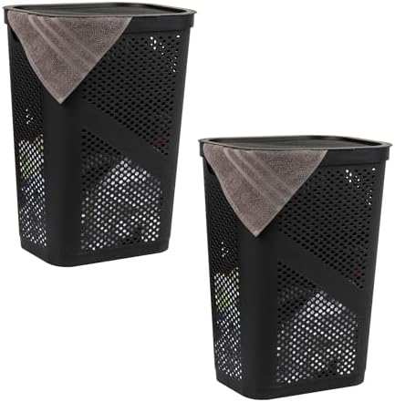 Mind Reader Slim Laundry Hamper with Lid, 60L Ventilated Clothes Baskets, Tapered Design for Bathrooms, Closets, Plastic, Set of 2, Black by MindReader