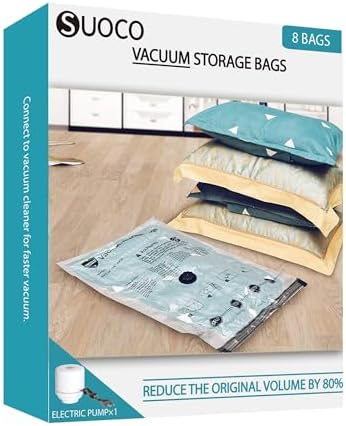 SUOCO 8 Combo Vacuum Storage Bags with Electric Pump, (2 Jumbo, 2 Large, 2 Medium, 2 Small) Travel Clothes Space Saver Bags, Compression Airtight Seal Bags for Clothing, Pillows, Comforters, Blankets by SUOCO