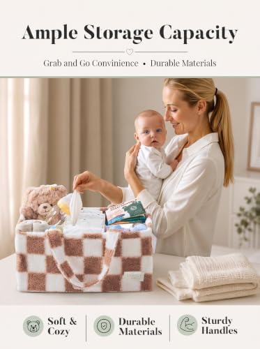 Baby Diaper Caddy Organizer with Waterproof Changing Pad, Checkered Taupe - Image 2