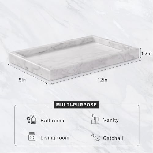 Marble Bathroom Tray for Countertop & Home Decor, Natural Decorative Marble Tray for Jewelry & Perfume Organizer, Luxury Stone Vanity Trays for Dresser, Kitchen Counter, 12" x 8", White - Image 3