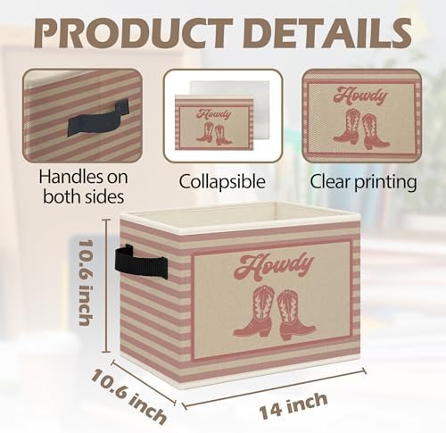 Pink Western Howdy Foldable Storage Bins Box with Handles, Cowgirl Boots Western Nursery Striped Collapsible Toys Books Clothes Organizer Basket for Girl Nursery Room Bedroom Bathroom - Image 7