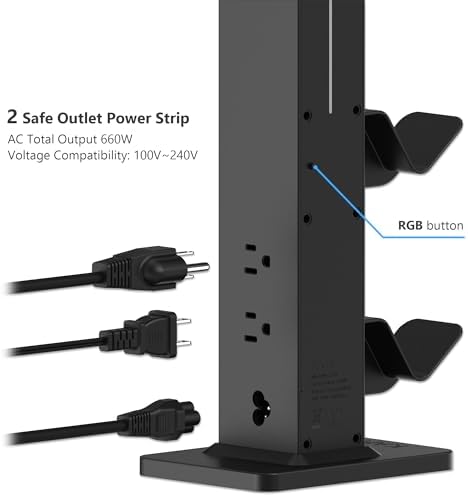 KAFRI RGB Gaming Headphone Stand with Controller Holder, Desk Organizer with Retractable Charger Cable, 2 AC Outlets & 4 Type-C Charging Ports, PC Gaming Accessories for Headset & Controller (Black) - Image 6