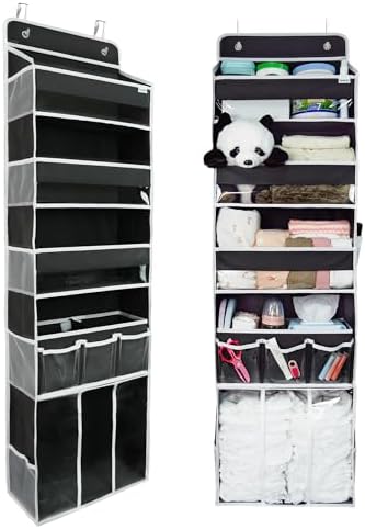 Door Hanging Storage Organizer,with 3 Bins 1 Movable Baby Diaper Caddy,1 Large capacity diaper stacking storage Organizer,10 Side Pockets ,Bedroom Door Storage for Nursery Baby Essentials. (Dark grey) by EZVERY