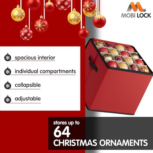 Mobi Lock Christmas Ornament Storage Box with Dividers - Holiday Ornament Organizer Bag - Holds 64 Balls - Durable Red Fabric Container, No Tray - Foldable Xmas Decorations Storage - Image 2