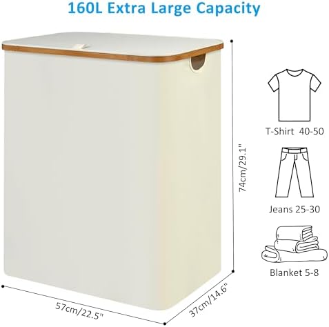 efluky Double Laundry Hamper with Lid and Removable Bags, 160L Beige - Image 7