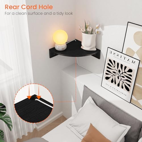 Homode Corner Floating Shelves, Set of 3 Corner Shelves Wall Mounted with Cable Hole, 3 Tier Wooden Hanging Corner Storage Shelf for Bedroom, Living Room, Kitchen, Black - Image 5
