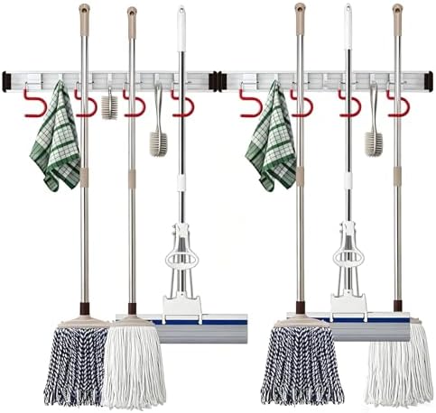 Wall Mounted Mop and Broom Holder Stainless Steel S Type Broom Rack Anti-Slip Mop Organizer (34Inches,8 Positions 6 Hooks, Red White) by MOYODOR