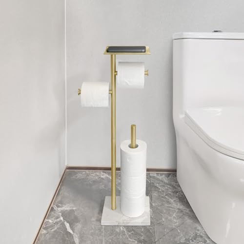 GZILA Brushed Gold Toilet Paper Stand Holder with Shelf, Marble Design Base Free Standing Toilet Paper Roll Holder with 2 Dispenser SUS 304 Stainless Steel Reserve, Storage 5 Rolls - Image 4