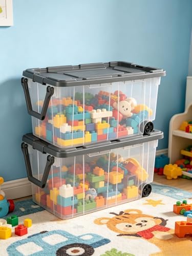 160 Quart Wheeled Stacker, Extra Large Durable Clear Bin, Latch Lid and Pull Handle, Gray, 2 Count - Image 4