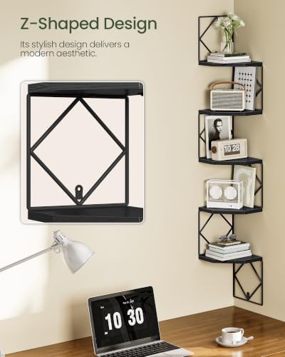CHOEZON 5-Tier Corner Shelf, Floating Shelf, Wall-Mounted Storage Shelf, Wall Decor, Narrow Corner Bookshelf, for Living Room, Bedroom, Home Office, and Bathroom, Black TCJ35BB - Image 4